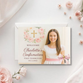 Girl photo pink bow cross First Holy Communion サンキューカード