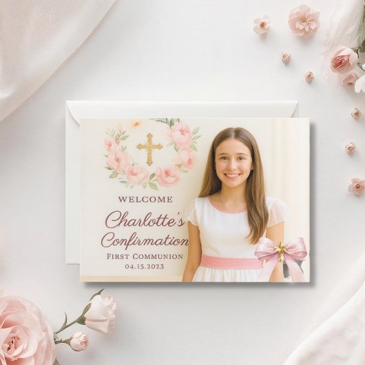 Girl photo pink bow cross First Holy Communion サンキューカード