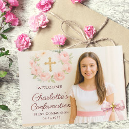 Girl photo pink bow cross First Holy Communion サンキューカード