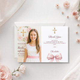 Girl photo pink bow First Holy Communion サンキューカード