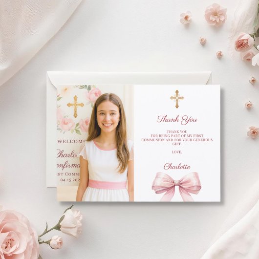 Girl photo pink bow First Holy Communion サンキューカード