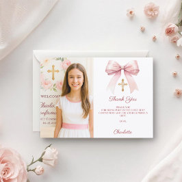 Girl photo pink bow First Holy Communion サンキューカード