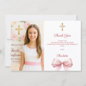 Girl photo pink bow First Holy Communion サンキューカード (正面)
