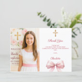 Girl photo pink bow First Holy Communion サンキューカード (スタンド正面)