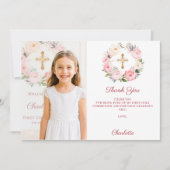 Girl photo pink florals cross First Communion  サンキューカード (正面)