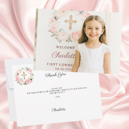 Girl photo pink florals cross First Communion  サンキューカード