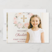 Girl photo pink florals cross First Communion  サンキューカード (正面)