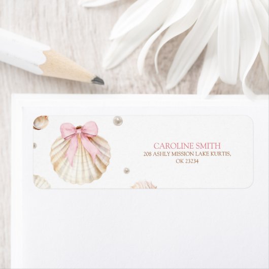 Girl Pink Bow Shell Baby Shower Address Label ラベル (インサイチュ)