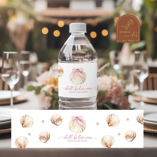 Girl Pink Bow Shell Baby Shower Bottle Label ペットボトルラベル