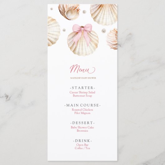 Girl Pink Bow Shell Baby Shower Flat Menu メニュー (正面)