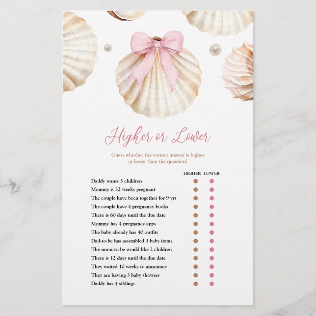 Girl Pink Bow Shell Baby Shower Higher or Lower  (正面)