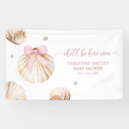 Girl Pink Bow Shell Baby Shower Large Banner 横断幕 (横)