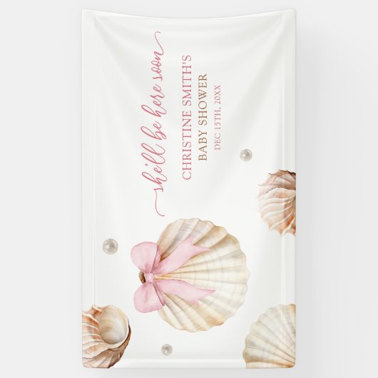 Girl Pink Bow Shell Baby Shower Large Banner 横断幕 (縦)