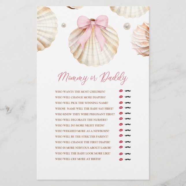 Girl Pink Bow Shell Baby Shower Mommy or Daddy (正面)