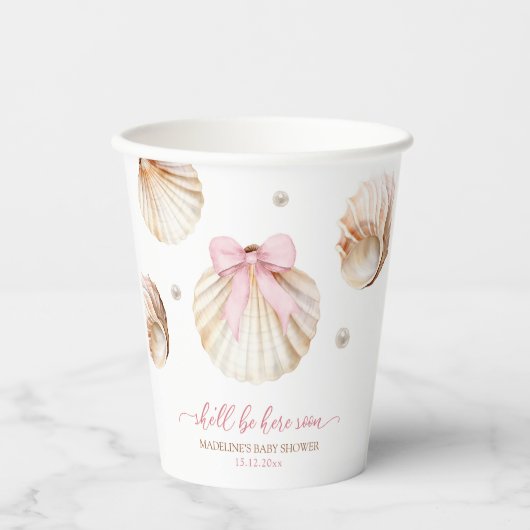 Girl Pink Bow Shell Baby Shower Paper Cups 紙コップ (正面)