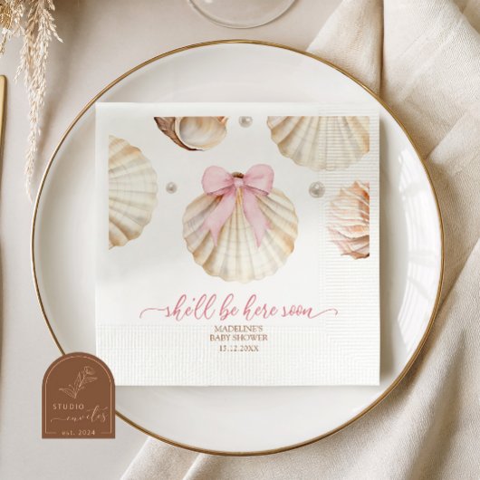 Girl Pink Bow Shell Baby Shower Paper Napkins スタンダードカクテルナプキン