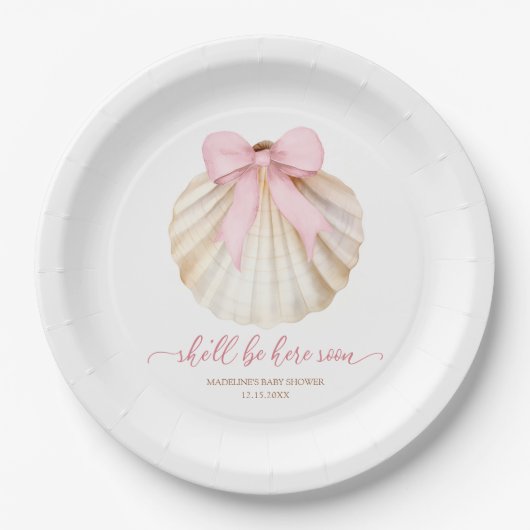 Girl Pink Bow Shell Baby Shower Paper Plate ペーパープレート (正面)