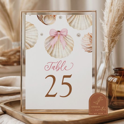 Girl Pink Bow Shell Baby Shower Table Number テーブルナンバー