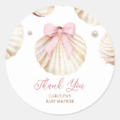 Girl Pink Bow Shell Baby Shower Thank You Sticker, ラウンドシール (正面)