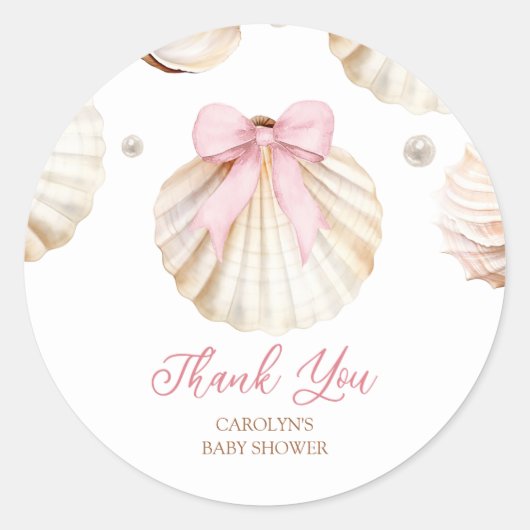 Girl Pink Bow Shell Baby Shower Thank You Sticker, ラウンドシール (正面)
