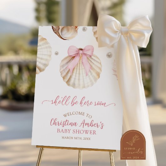 Girl Pink Bow Shell Baby Shower Welcome Sign ポスター