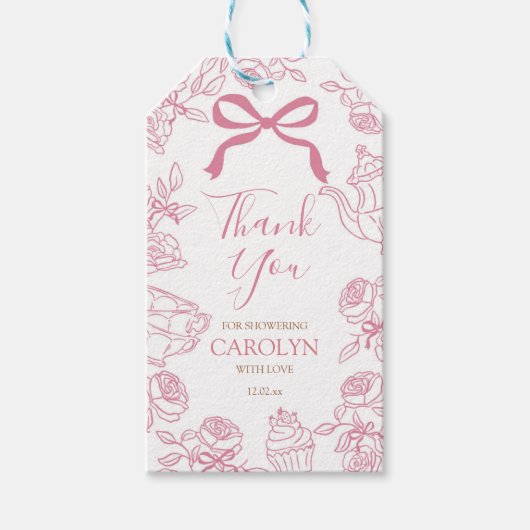 Girl Pink Bow Toile Tea Party ギフトタグ (正面)