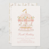 Girl Pink Fairytale Merry-Go-Round Birthday Party 招待状 (正面/裏面)