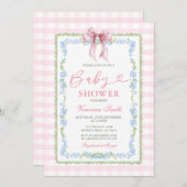 Girl Pink Grandmillenial Baby Shower Gingham 招待状 (正面/裏面)