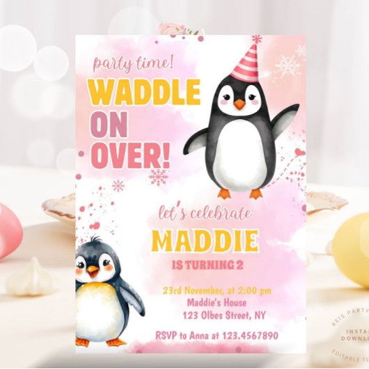 Girl Pink Penguin Winter Birthday Party Invitation 招待状