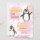 Girl Pink Penguin Winter Birthday Party Invitation 招待状 (正面)