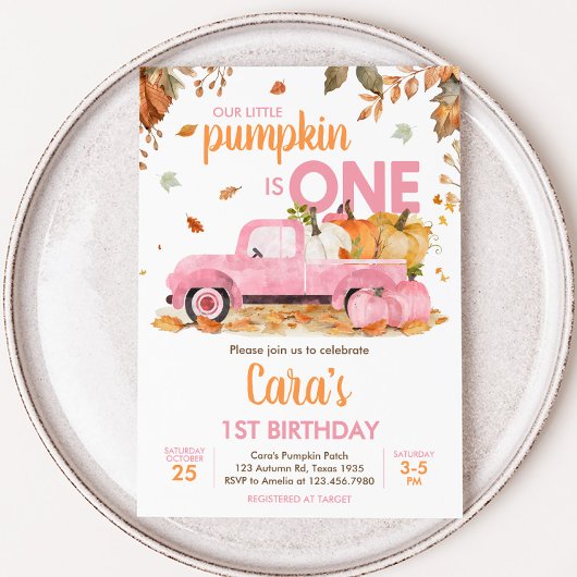 Girl Pink Pumpkin Truck Fall Birthday  招待状