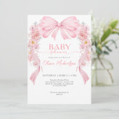 Girl Pink Ribbon Bow Coquette Flowers Baby Shower 招待状 (スタンド正面)