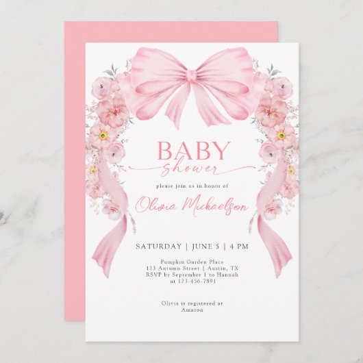Girl Pink Ribbon Bow Coquette Flowers Baby Shower 招待状 (正面/裏面)