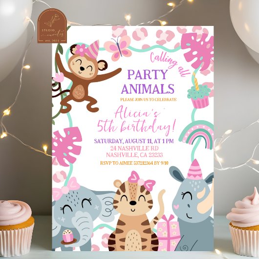 Girl Pink Safari Party Animals Birthday invitation 招待状