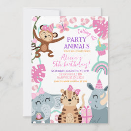 Girl Pink Safari Party Animals Birthday invitation 招待状
