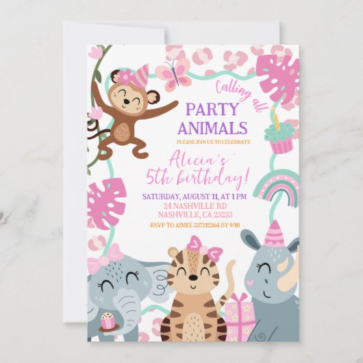 Girl Pink Safari Party Animals Birthday invitation 招待状 (正面)