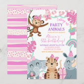 Girl Pink Safari Party Animals Birthday invitation 招待状 (正面/裏面)