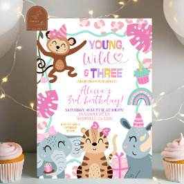 Girl Pink Safari  Young Wild and Three Birthday in 招待状
