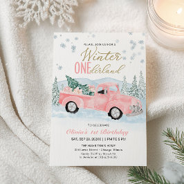 Girl Pink Truck Winter Onederland ファーストバースデー 招待状