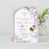 Girl Praying First Holy Communion Purple Floral 招待状 (スタンド正面)