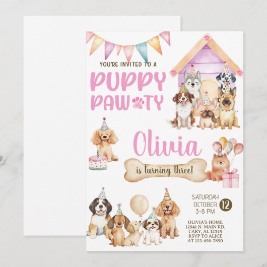 Girl puppy / dogs birthday party invitation. 招待状 (正面/裏面)