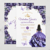 Girl Purple Dress Quinceañera 15 Anos Flowers Gold 招待状 (正面/裏面)