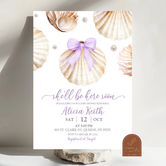 Girl Purple Shell Baby Shower Invitation 招待状