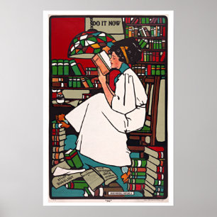 Girl Reading Book in Library Vintage Literacy ポスター