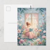 Girl Reading Book Sunlit Window ポストカード (正面/裏面)