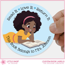 Girl Reading Book Teacher Classroom Library Labels ラウンドシール