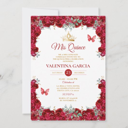 Girl Red Quinceañera 15 Anos Flowers Gold Crown 招待状 (正面)