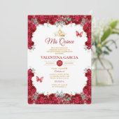 Girl Red Quinceañera 15 Anos Flowers Gold Crown 招待状 (スタンド正面)