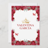 Girl Red Quinceañera 15 Anos Flowers Gold Crown 招待状 (裏面)