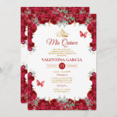 Girl Red Quinceañera 15 Anos Flowers Gold Crown 招待状 (正面/裏面)